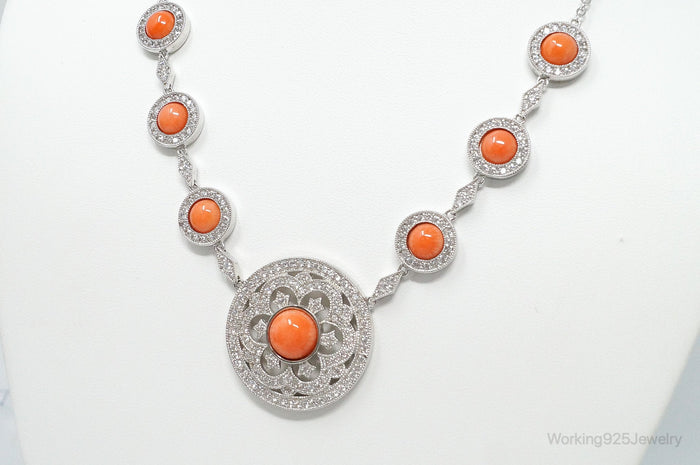 Vintage Designer Joseph Esposito Coral Cubic Zirconia Sterling Silver Necklace