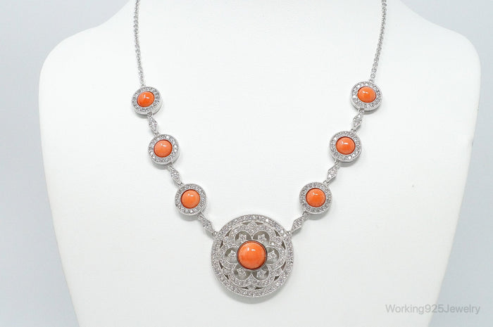 Vintage Designer Joseph Esposito Coral Cubic Zirconia Sterling Silver Necklace