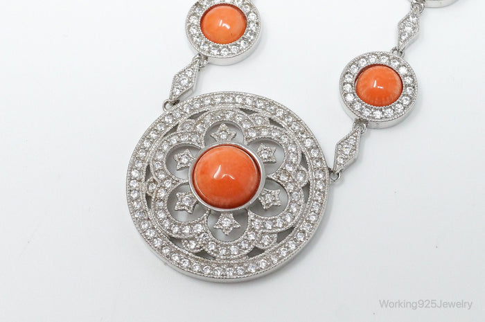 Vintage Designer Joseph Esposito Coral Cubic Zirconia Sterling Silver Necklace