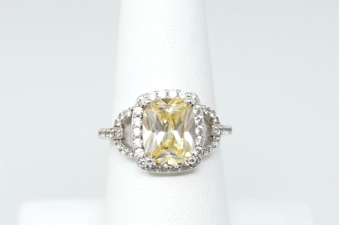Vintage Designer Large Citrine CZ Art Deco Style Sterling Silver Ring Sz 6.75