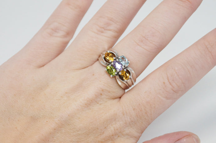 Vintage Designer PD Art Deco Multi Gem Sterling Silver Ring - Size 10