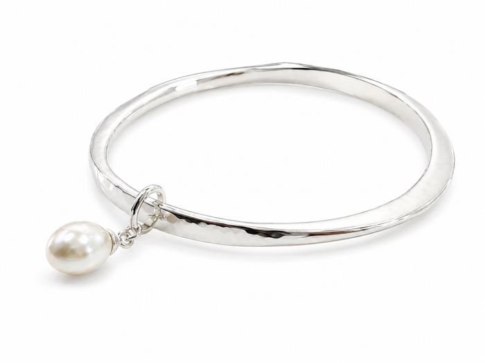 sterling silver bangle with pearl charm