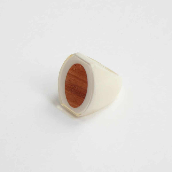 White and Wood Oval Ring by Sylca - Sylca Designs - Chunky Jewelry