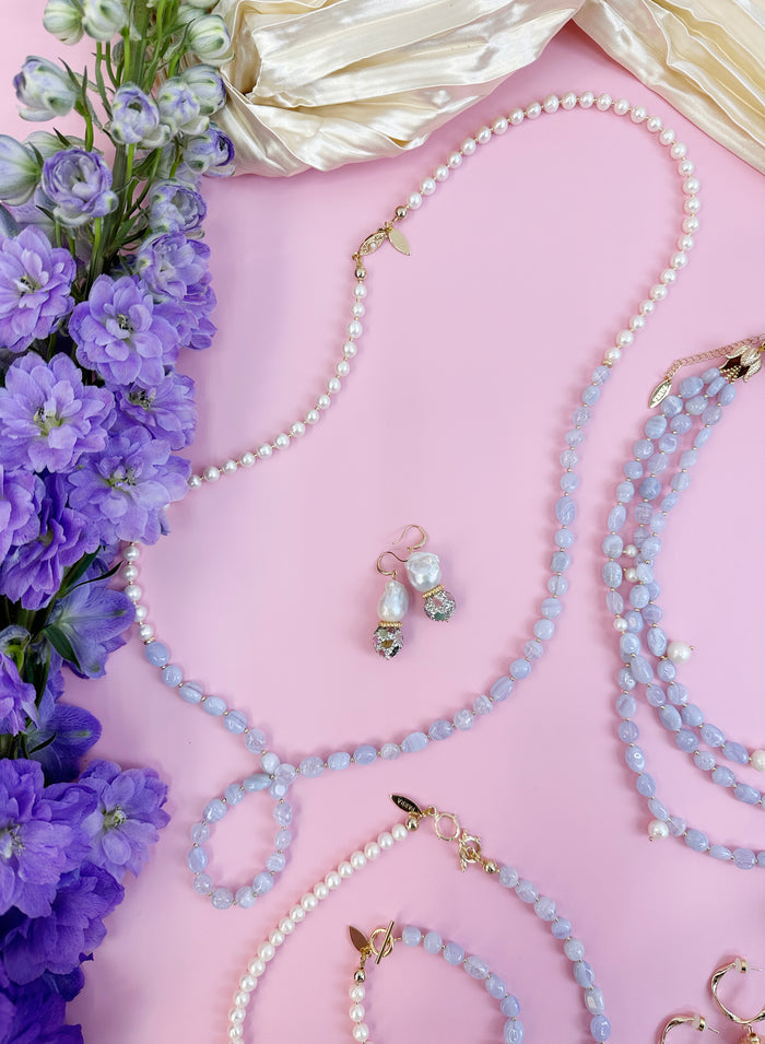 White Freshwater Pearls and Blue Lace Agate Long Necklace JN031 - FARRA