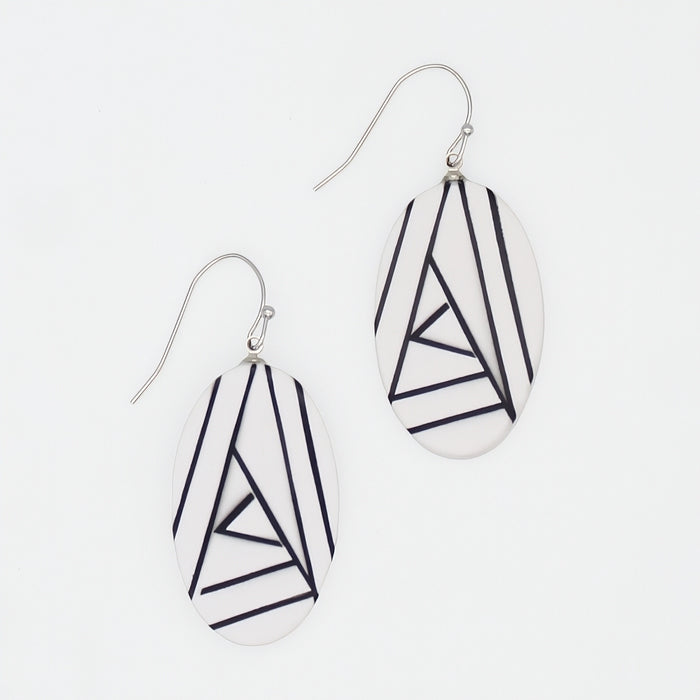 Pair of geometric earrings with black lines on a white background