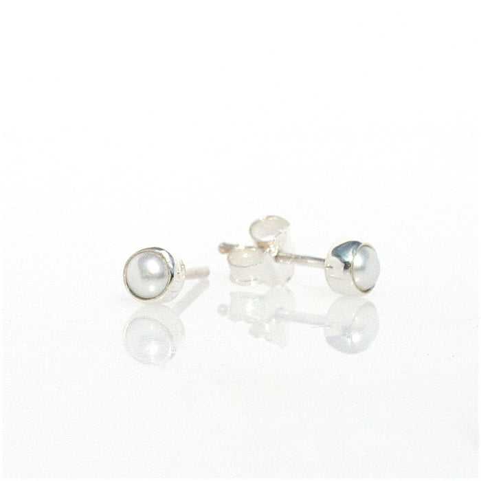 white pearl 4mm bezel studs silver