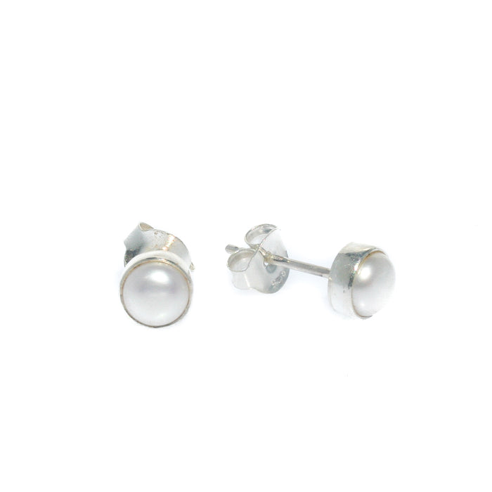 White Pearl Bezel Set 6mm Studs Silver