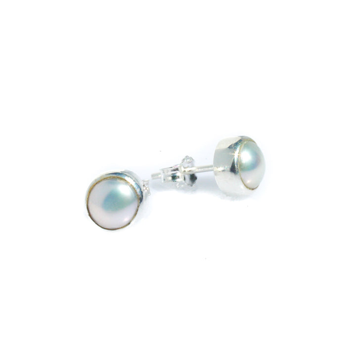 White Pearl Bezel Set 7mm Studs Sterling Silver