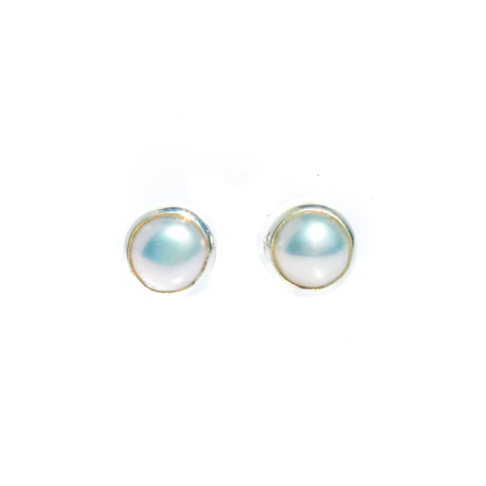 white pearl bezel set 6mm studs silver