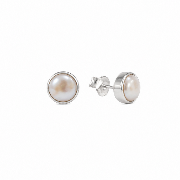 White Pearl Bezel Set 8mm Studs Silver | Genuine Freshwater Pearls