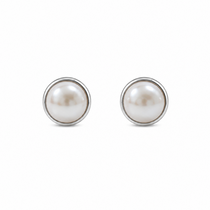 White Pearl Bezel Set 8mm Studs Silver | Genuine Freshwater Pearls