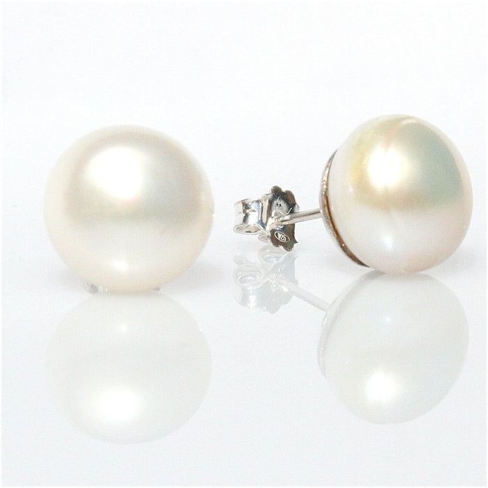 White Pearl Studs 16mm set in Sterling Silver
