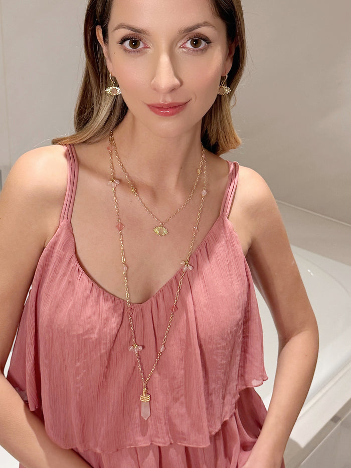 Wire-Wrapped Rose Quartz Pendant With Watermelon Flower Long Necklace RN016
