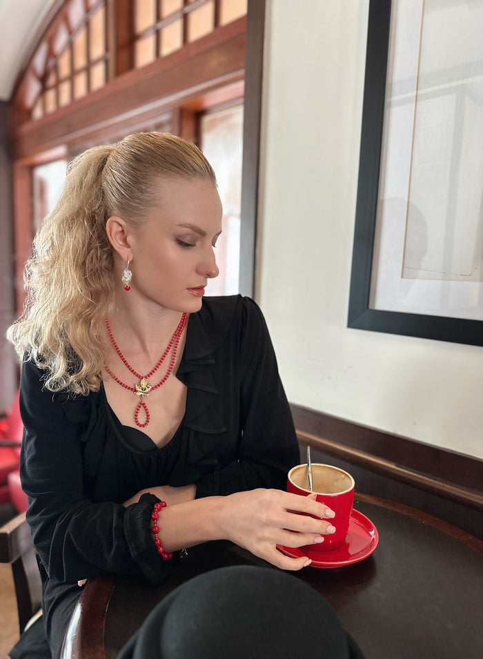 Y Shape Red Bamboo Corals Double Strands Necklace KN047 - FARRA