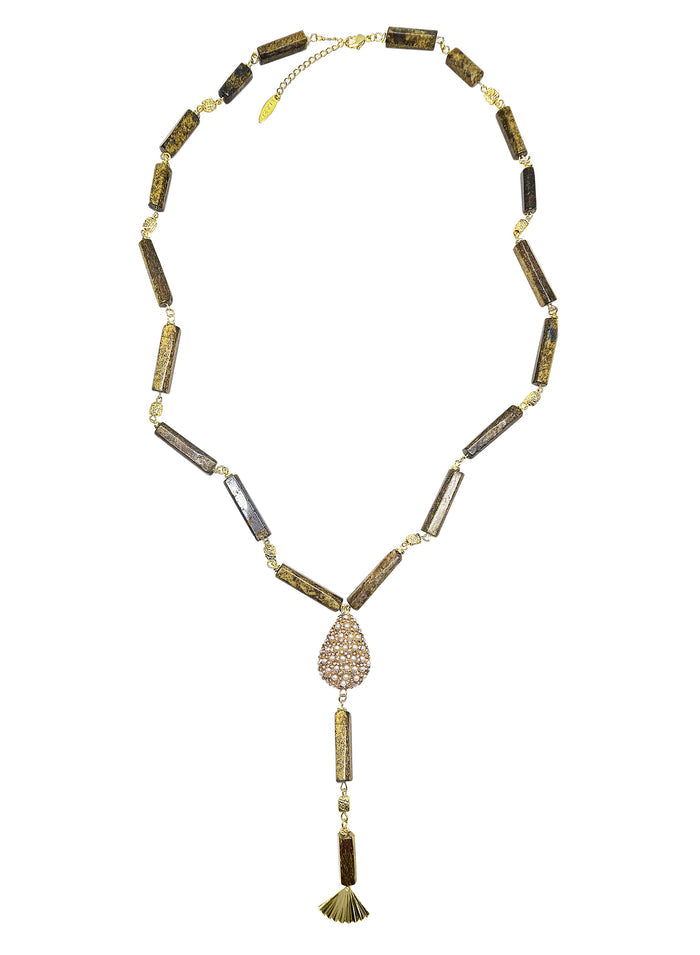 Y Shaped Tiger-eye Stone With Rhinestone Tassel Necklace QN008