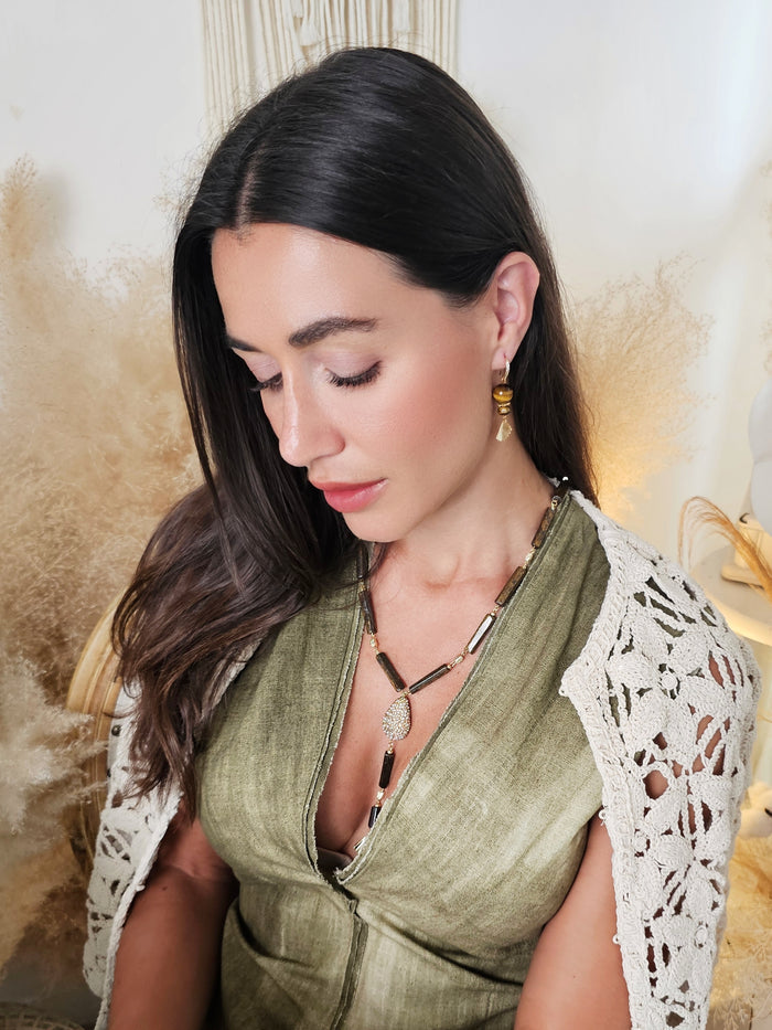 Y Shaped Tiger-eye Stone With Rhinestone Tassel Necklace QN008