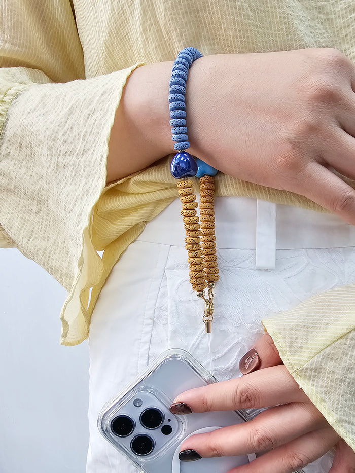Yellow And Blue Lava Stone With Ceramic Hearts Phone Strap PC060