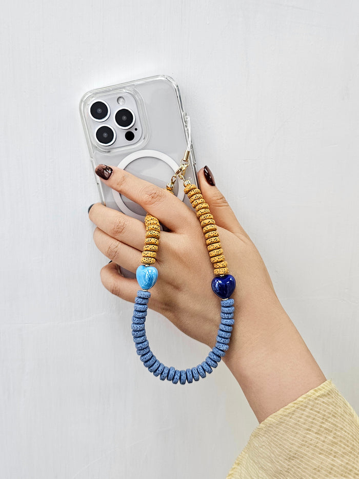 Yellow And Blue Lava Stone With Ceramic Hearts Phone Strap PC060