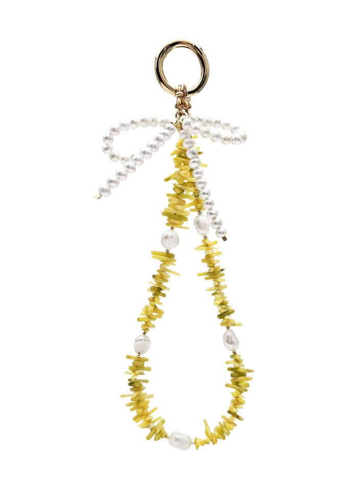Yellow Bamboo Coral With Bowknot Freshwater Pearl Bag Charm