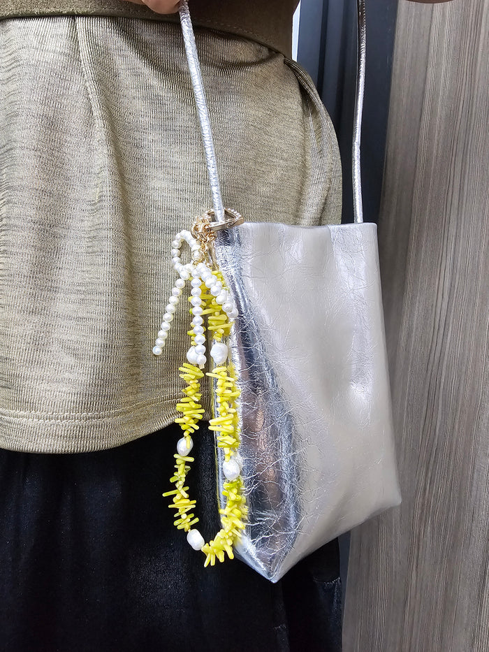 Yellow Bamboo Coral With Bowknot Freshwater Pearl Bag Charm