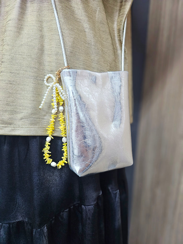 Yellow Bamboo Coral With Bowknot Freshwater Pearl Bag Charm