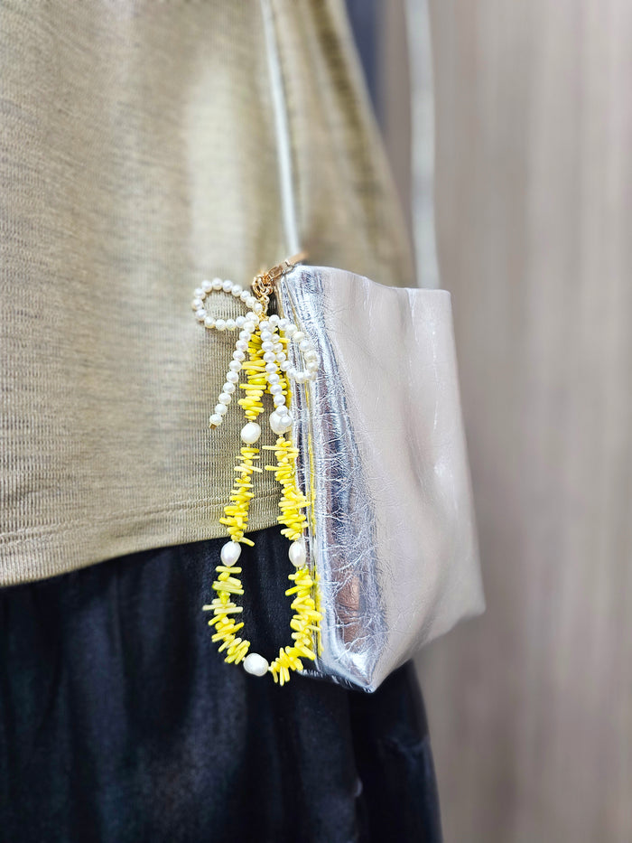 Yellow Bamboo Coral With Bowknot Freshwater Pearl Bag Charm