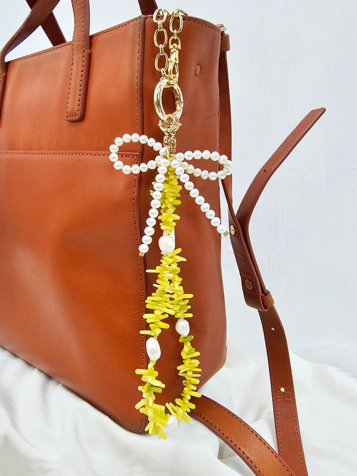 Yellow Bamboo Coral With Bowknot Freshwater Pearl Bag Charm