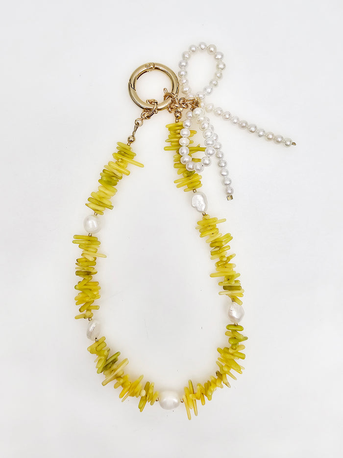 Yellow Bamboo Coral With Bowknot Freshwater Pearl Bag Charm