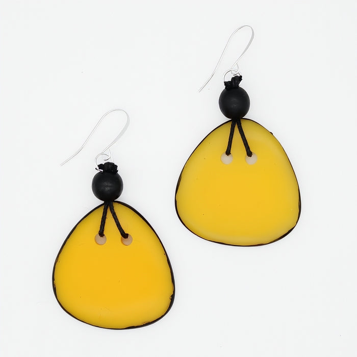 A pair of yellow teardrop-shaped drop earrings with black beads and silver fishhook wires, displayed on a clean white background.