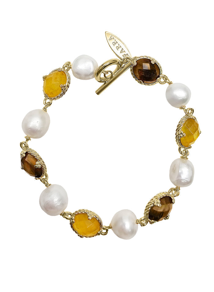 Yellow Quartz And Brown Tiger-eye With Freshwater Pearl Bracelet PB022