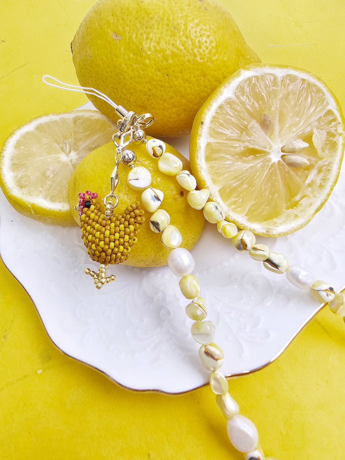 Yellow Shell With Beaded Chicken Charm Phone Strap PC066