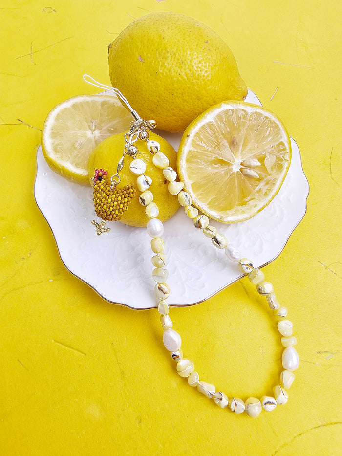 Yellow Shell With Beaded Chicken Charm Phone Strap PC066