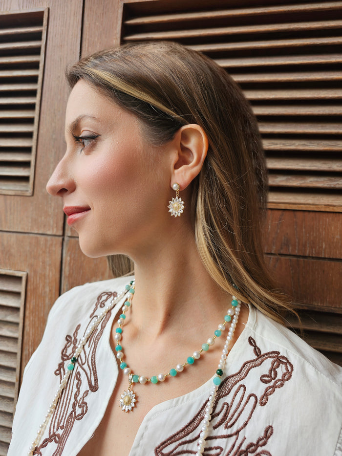 Zircon Daisy Dangle With Pearl Stud Earrings RE002