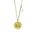 A gold-colored necklace featuring a round pendant with the Aquarius zodiac symbol and a small pearl-like bead attached to the chain.