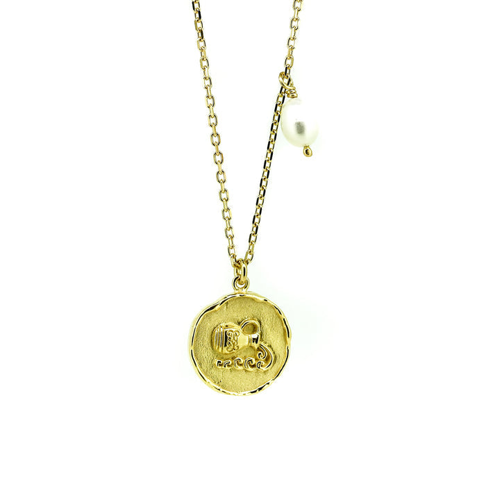 A gold-colored necklace featuring a round pendant with the Aquarius zodiac symbol and a small pearl-like bead attached to the chain.
