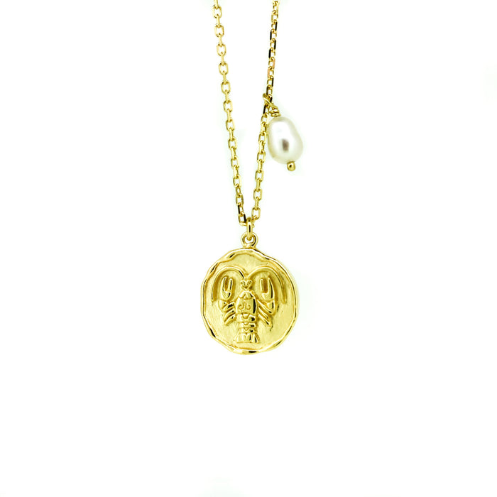 Zodiac Cancer Necklace Gold with dainty pearl