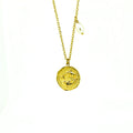 A gold necklace featuring a Pisces zodiac symbol and a pearl charm on a chain.